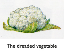 Cauliflower. The dreaded vegetable. Illustrated with a quivering brush by artist Jim Harris.